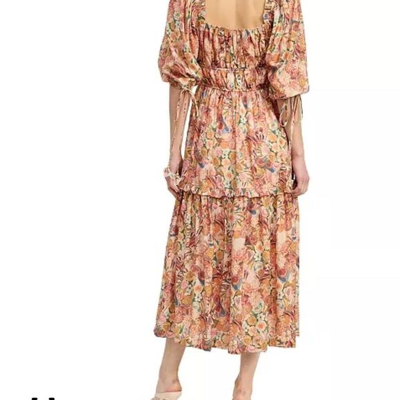 Floral Fall Colors Square-Neck Ruffle-Tier Midi Dress Size Small - Picture 2 of 7